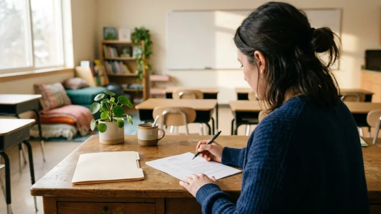 Teacher sitting at a classroom desk after school reviewing a printed one-page resume