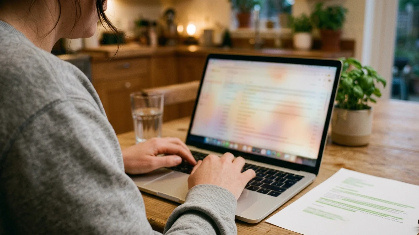 Hands typing an email on a laptop at a kitchen table beside a printed page with highlighted lines