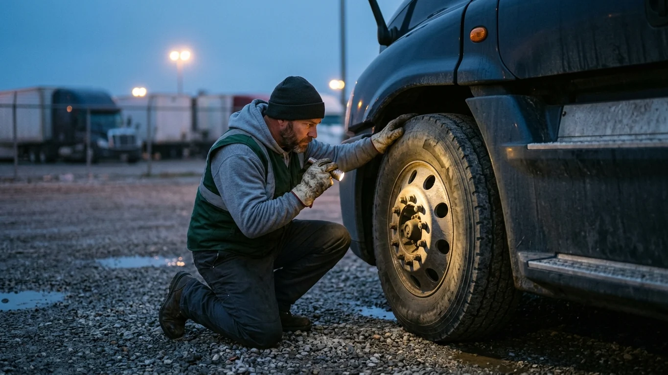 Driver doing a pre-trip inspection, checking the tires of a semi truck with a flashlight in early light