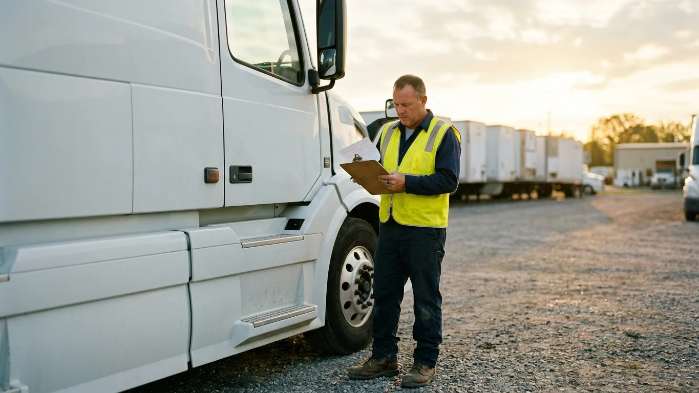 Truck driver standing beside a tractor-trailer at a loading yard at sunrise, holding a clipboard