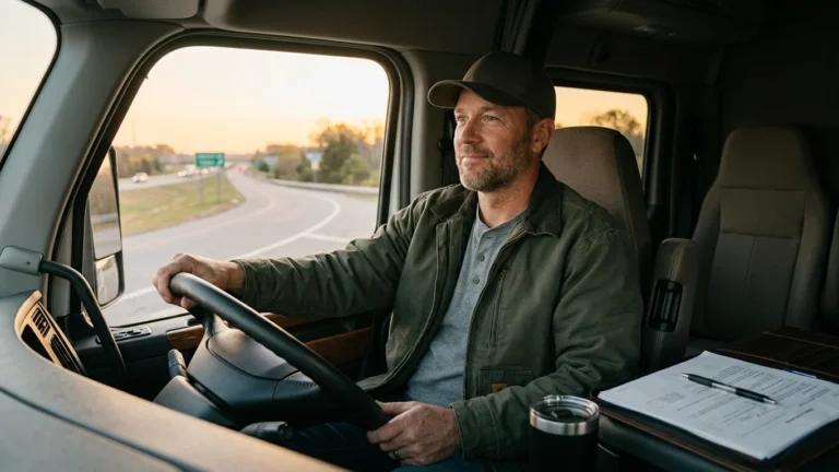 Truck driver sitting in the cab of a semi truck at dawn with a folder of paperwork on the dashboard