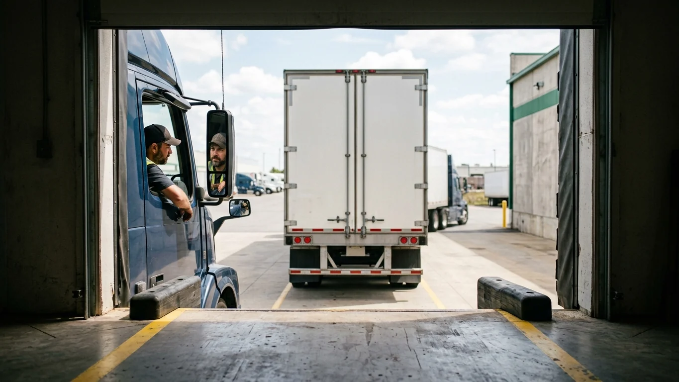 Truck driver backing a trailer into a loading dock at a distribution center, seen from the dock door